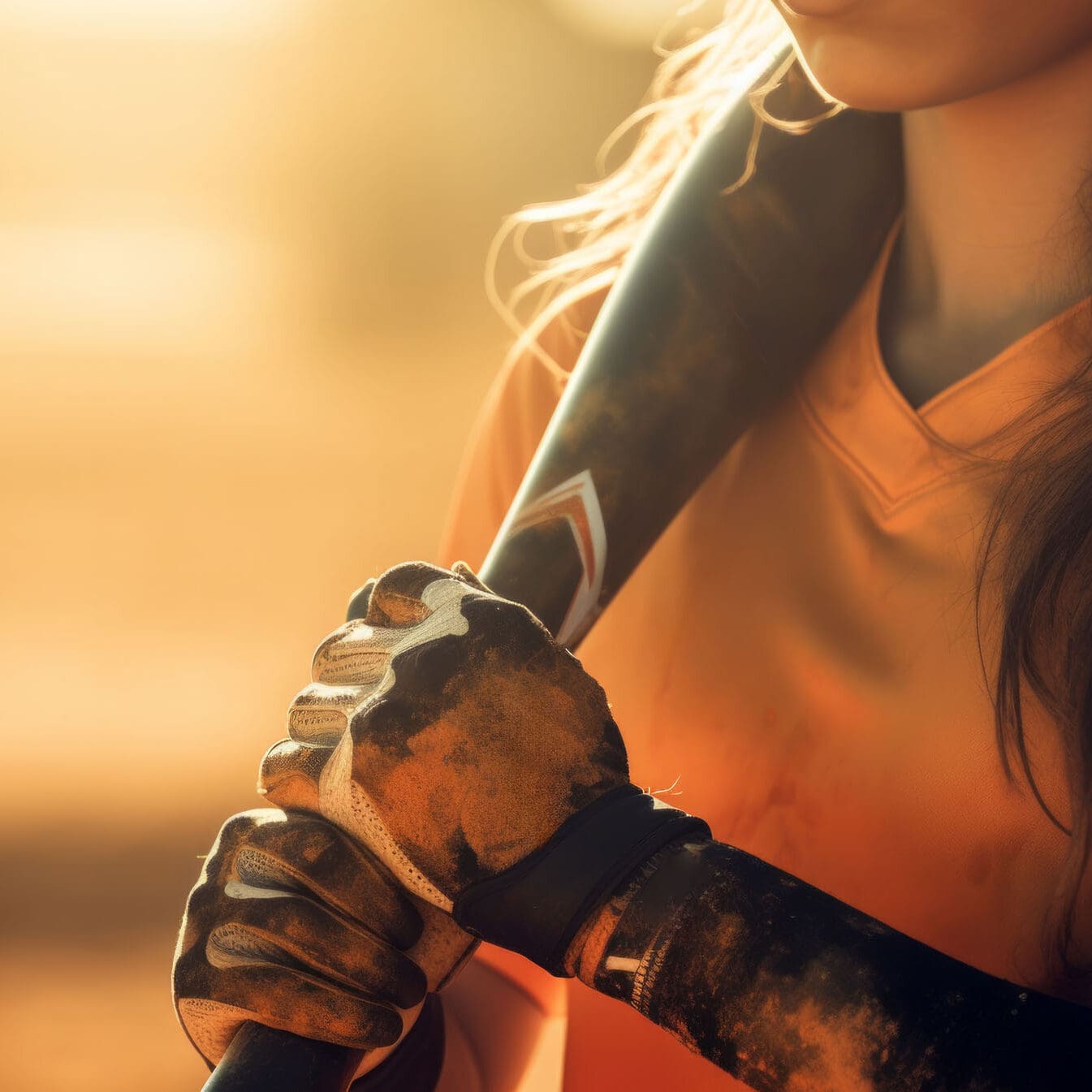 closeup of a woman softball player's hands gripping a bat